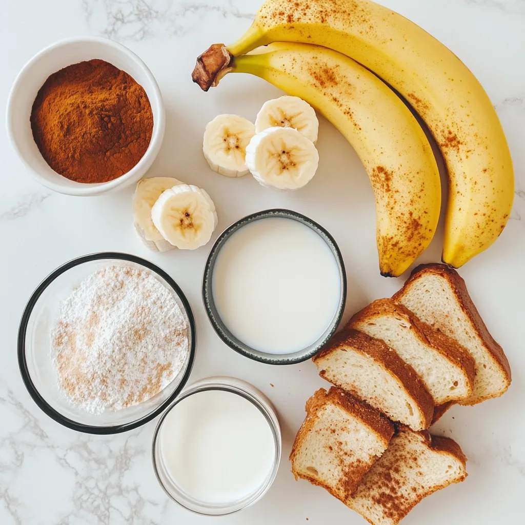 ingredients for eggless French toast, including thick-cut bread, almond milk, bananas, cinnamon, and vanilla extract