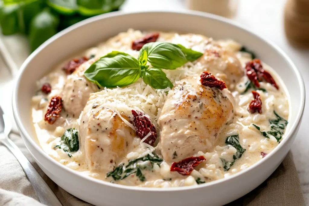 Tuscan creamy chicken and rice with spinach and sun-dried tomatoes.