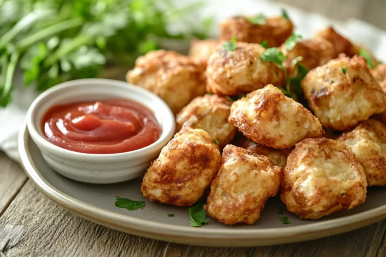 Golden, crispy tater tots served with ketchup on a rustic wooden table.