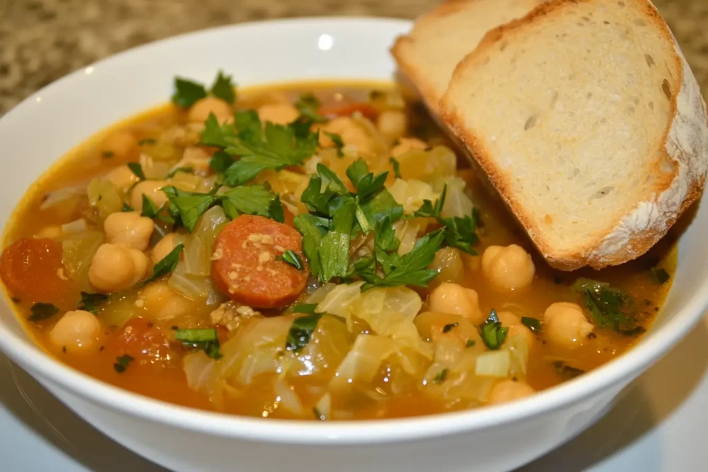 Cabbage and chickpea soup with chicken chorizo garnished with parsley