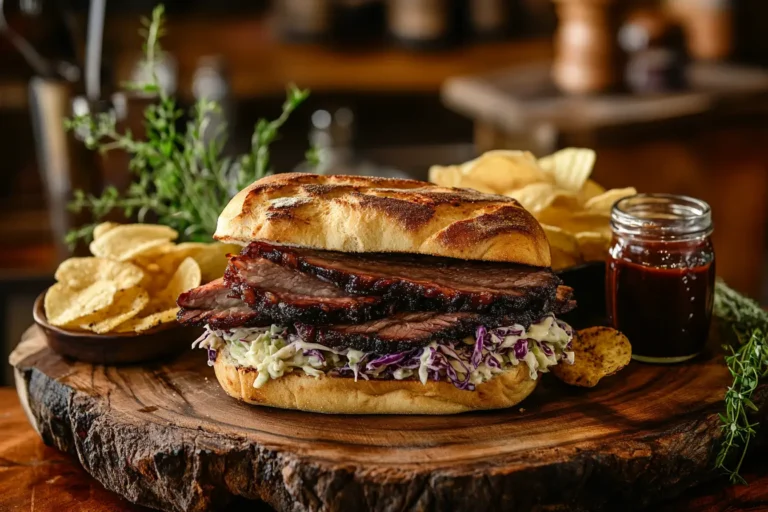 Brisket sandwich with coleslaw and BBQ sauce on a wooden platter.