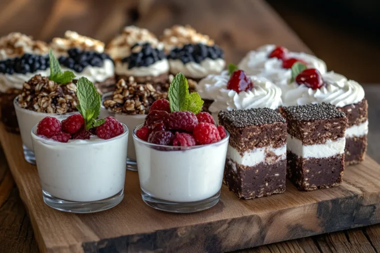 A platter of high-protein desserts, including Greek yogurt parfaits, protein brownies, and chia pudding.