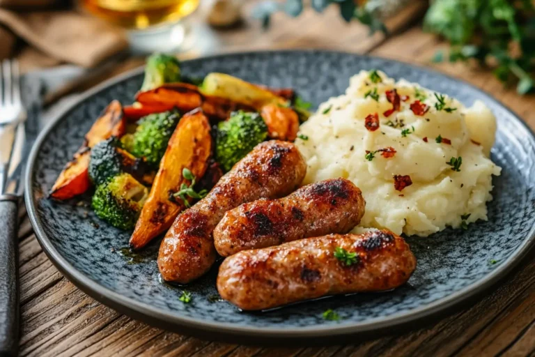 Golden-brown air-fried sausages served with roasted vegetables.