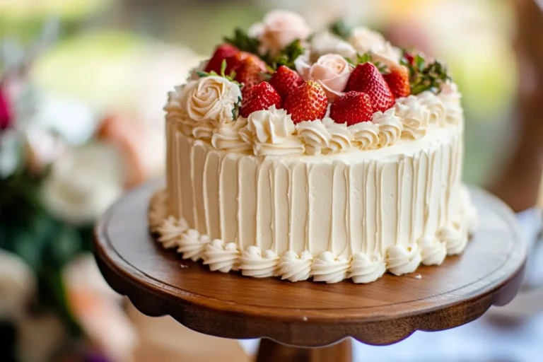 Gluten free vanilla cake with buttercream and strawberries.