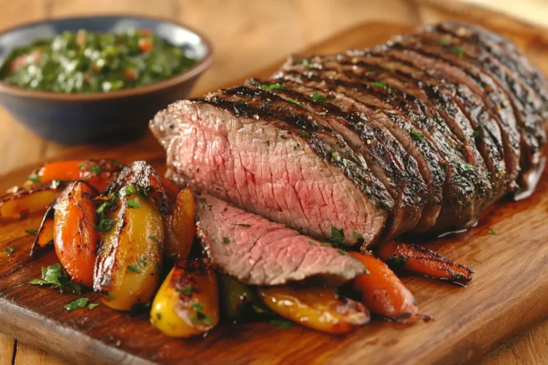 Grilled bavette steak sliced on a wooden board.