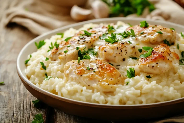 Creamy chicken and rice served on a rustic plate.