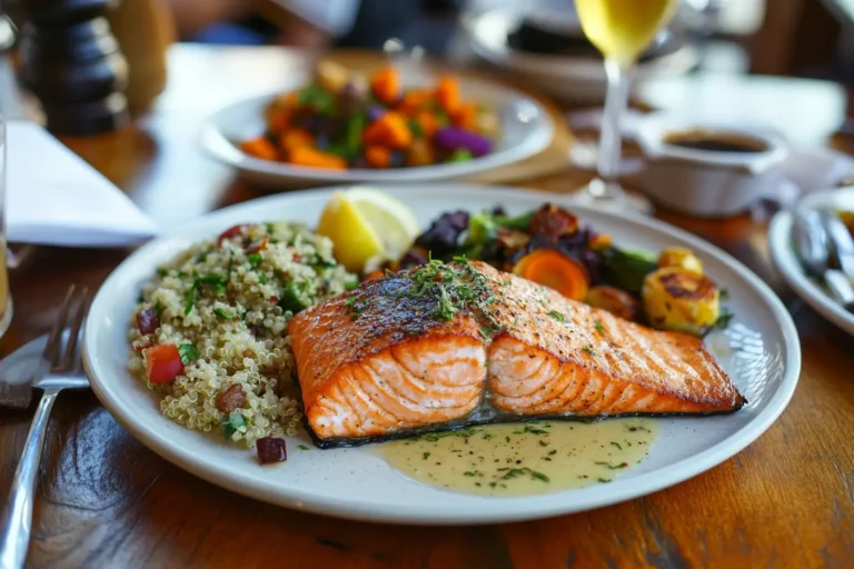 Salmon fillet with vibrant side dishes on a rustic table.