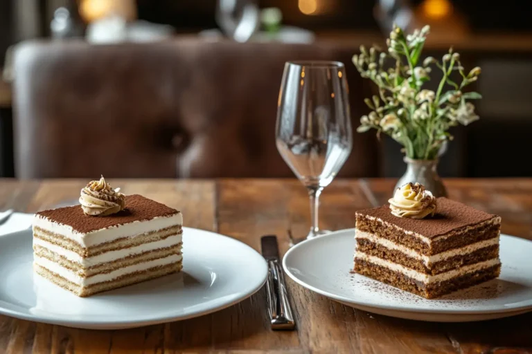 Tiramisu and opera cake side by side on a wooden table.