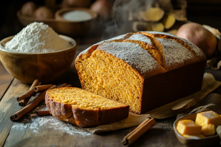 Loaf of sweet potato bread on a rustic table with ingredients
