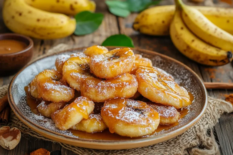 Golden brown fried bananas drizzled with caramel.