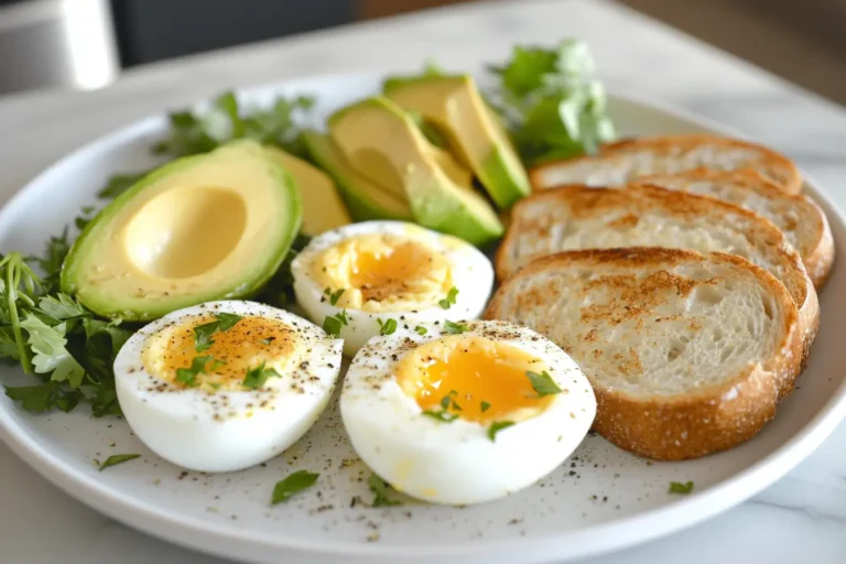 A plate of air fryer eggs with toast and avocado.