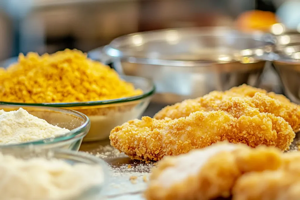 Breading station for baked chicken cutlets with flour, eggs, and bread crumbs.