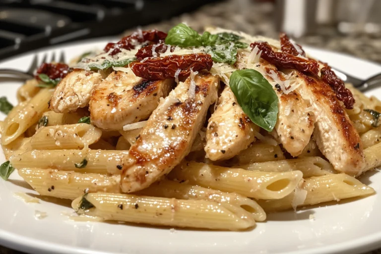 Plated Marry Me Chicken Pasta with creamy sauce, chicken slices, sun-dried tomatoes, fresh basil, and grated Parmesan