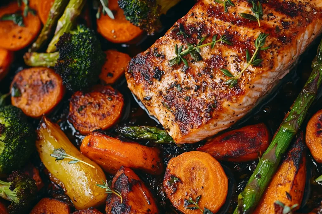 Close-up of roasted vegetables paired with grilled salmon. and shows What Mixes Well with Salmon