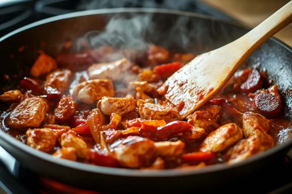 Chicken chorizo cooking in a skillet with spices.