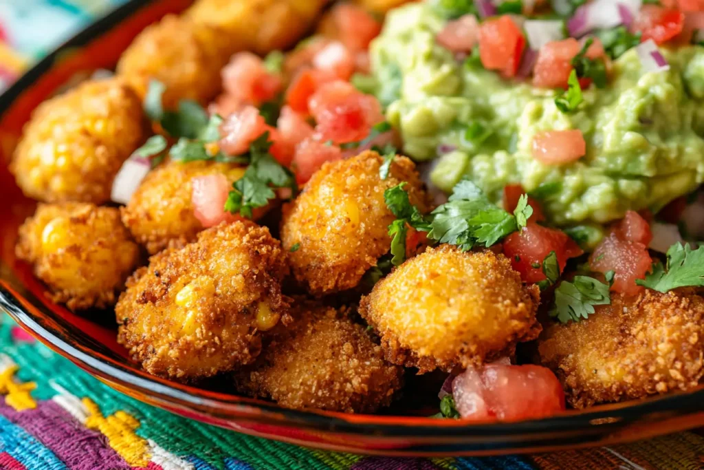 Corn nuggets served with guacamole and pico de gallo on a colorful tablecloth. to show What goes with corn nuggets?