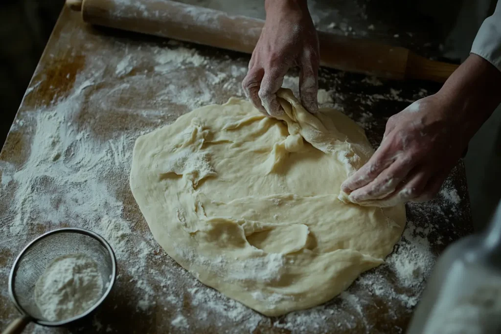 Dough being stretched with 00 flour on a floured surface.
