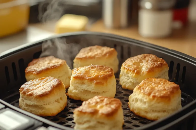 Golden air fryer biscuits in a basket with steam rising