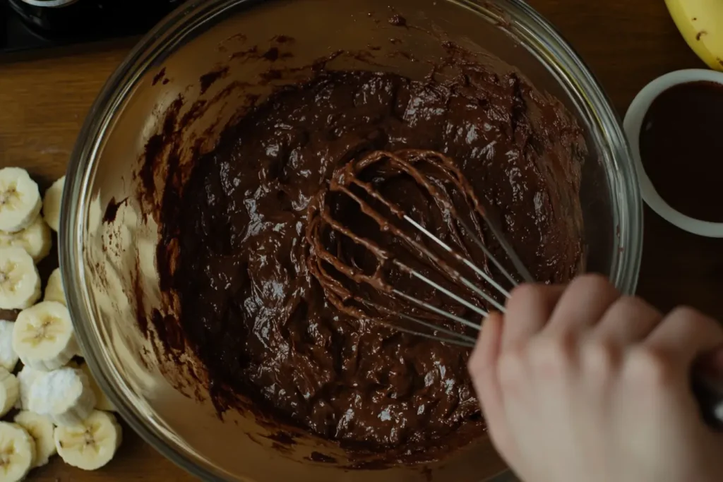 Hands whisking brownie batter with bananas and chocolate nearby.