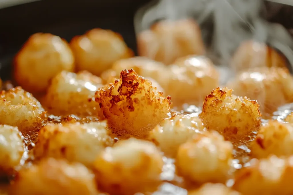 Homemade tater tots frying in a skillet with golden oil and a crispy crust.