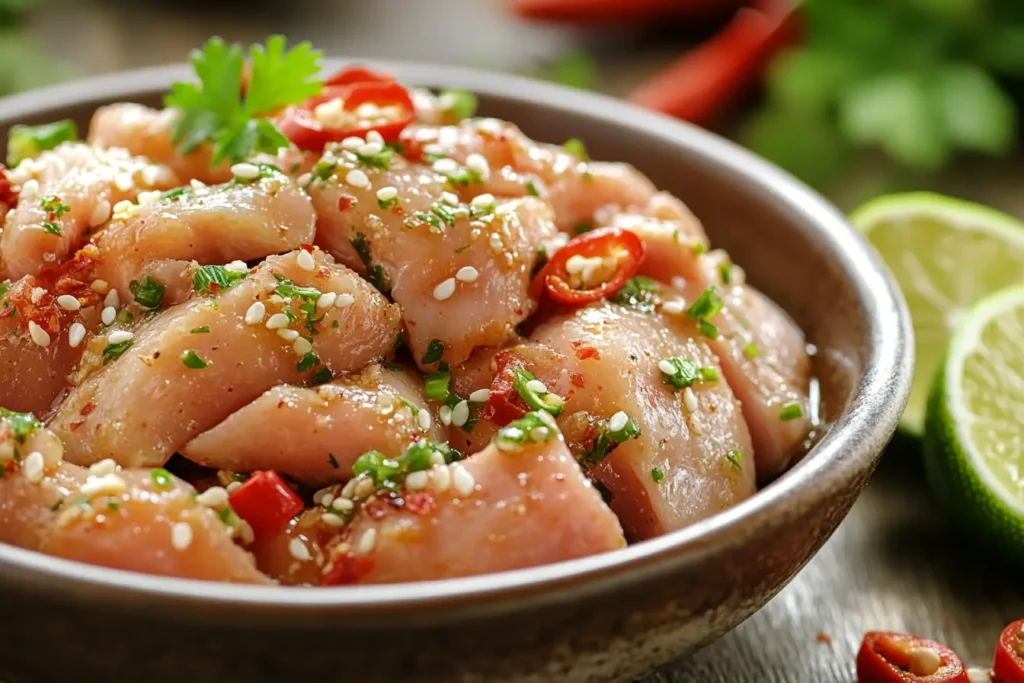 Chicken pieces marinating in a soy-based Asian marinade.