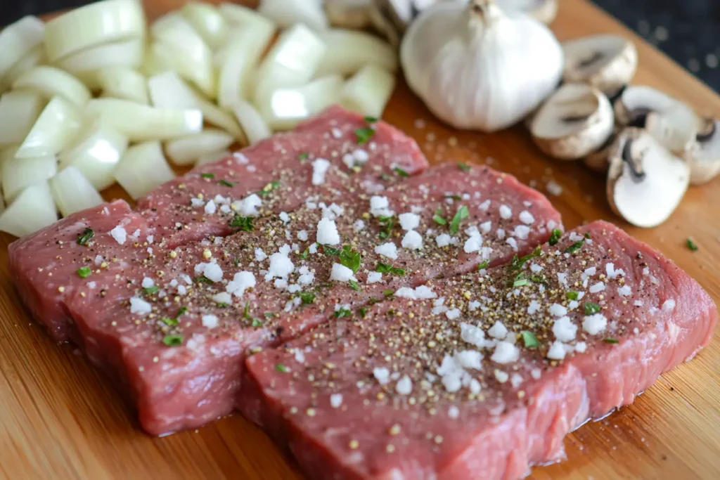 Raw cube steak seasoned with spices and herbs.