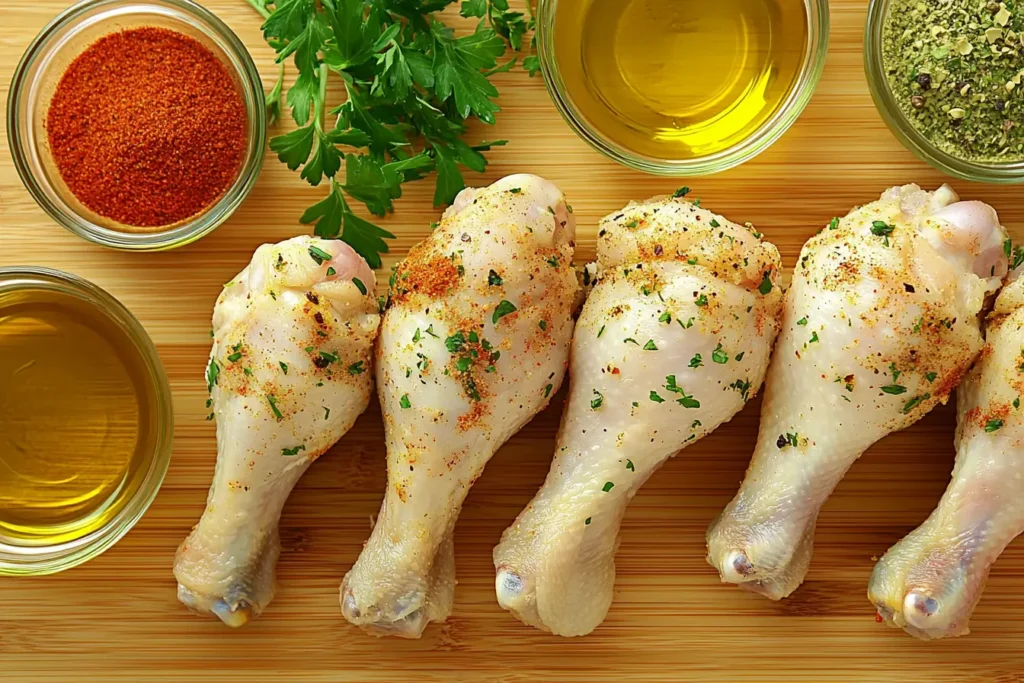 Seasoned chicken drumsticks with spices and herbs.