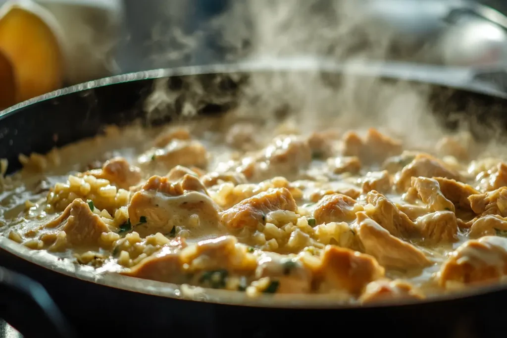 Chicken simmering in a creamy sauce with rice in a skillet.