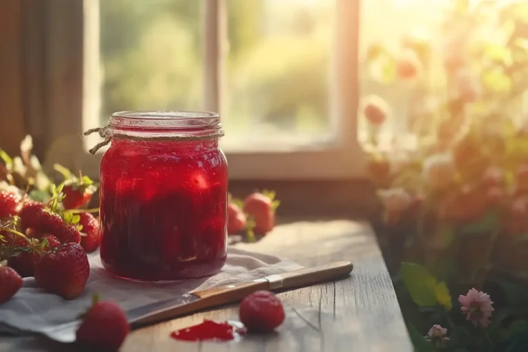 A jar of vibrant strawberry jelly with fresh strawberries.