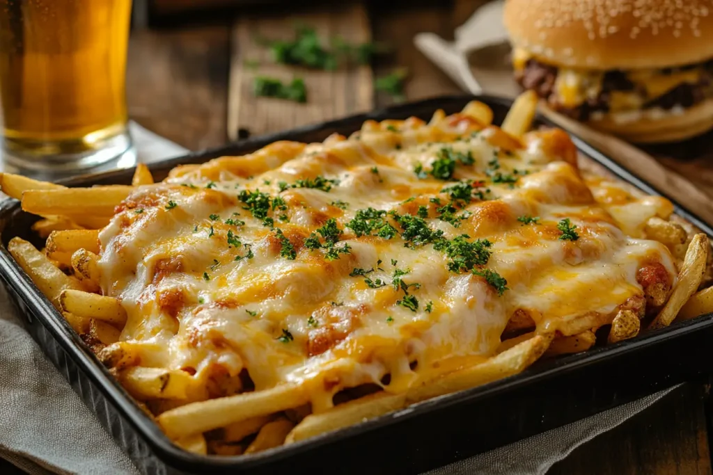Loaded fries paired with a burger and beer	