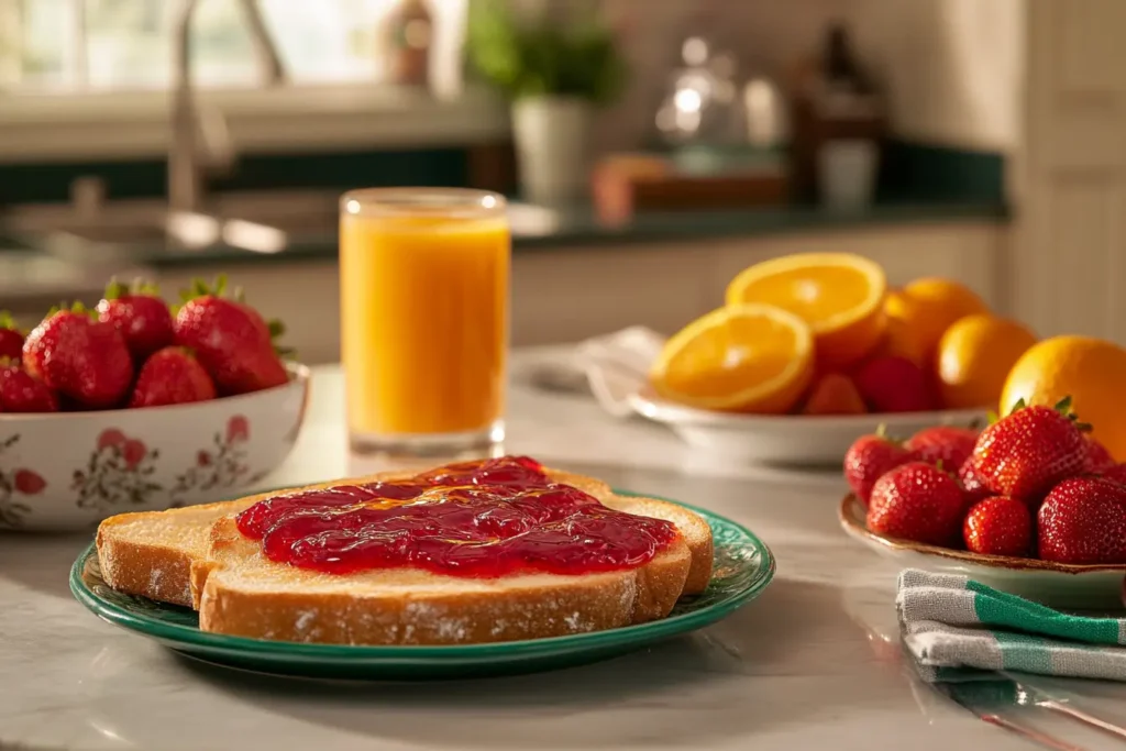 A breakfast table with toast spread with strawberry jelly.