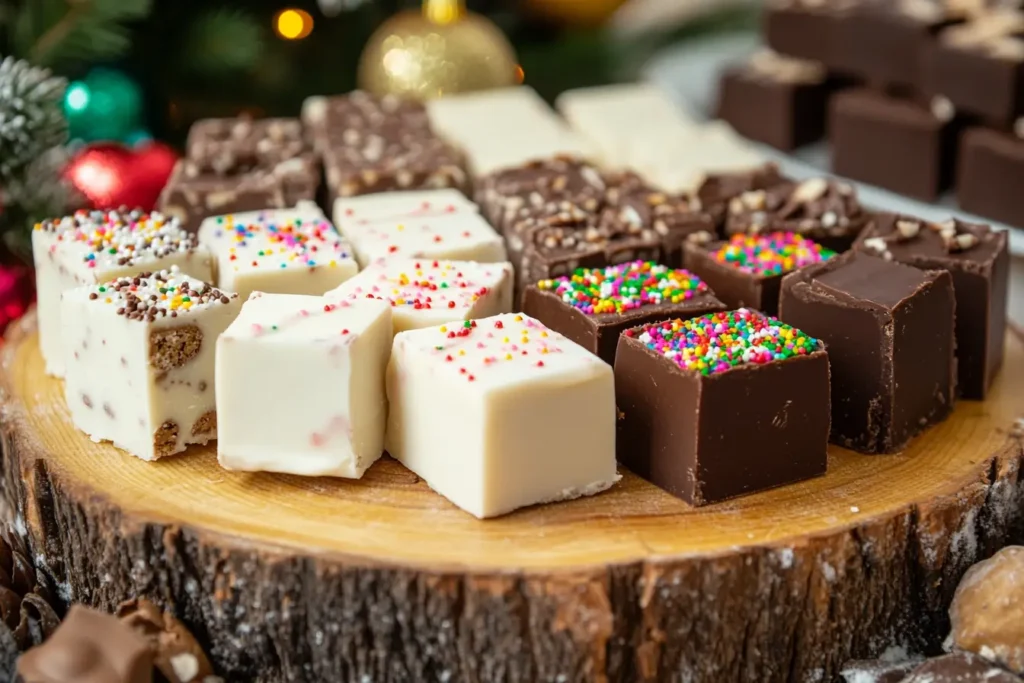 Assorted Fudge Recipe variations on a platter.