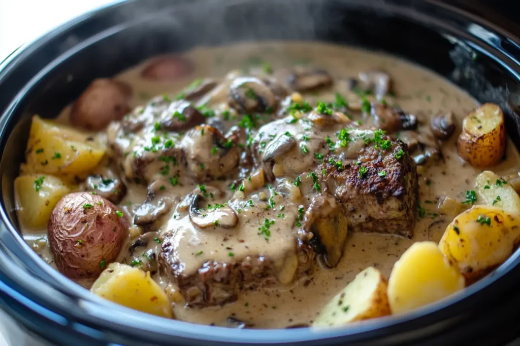 Cube steak simmering in mushroom gravy with vegetables in a crock pot.