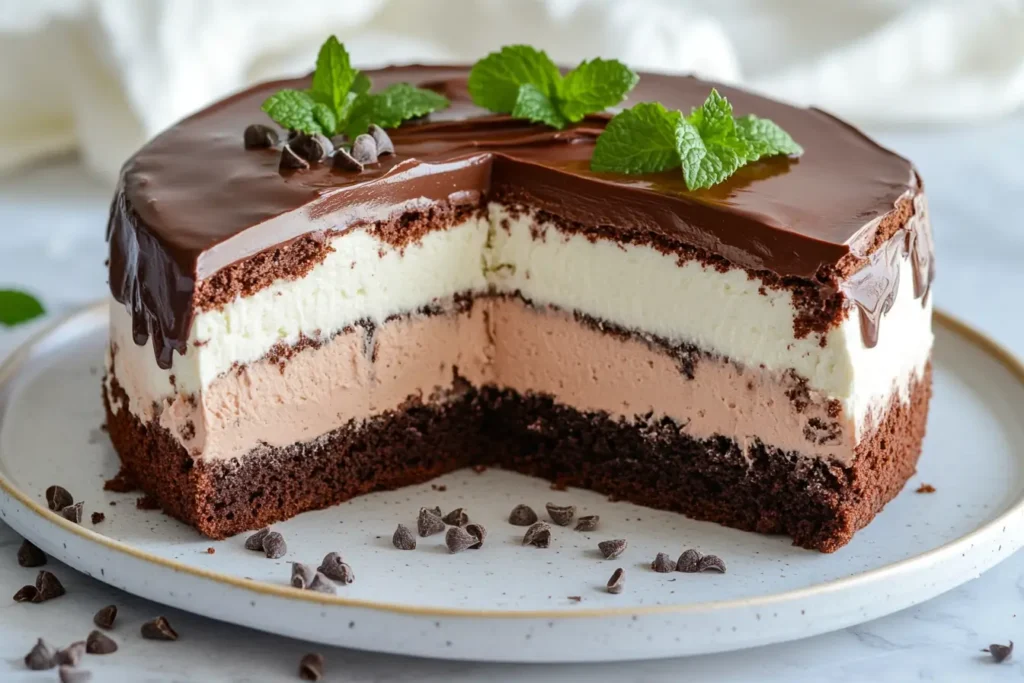 Gluten free chocolate cake with ganache and mint leaves.