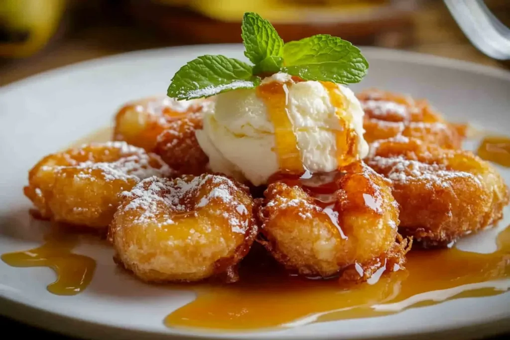 Deep-fried bananas with ice cream and honey drizzle.