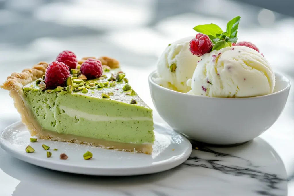 Dessert spread with pie and ice cream drizzled with pistachio cream.