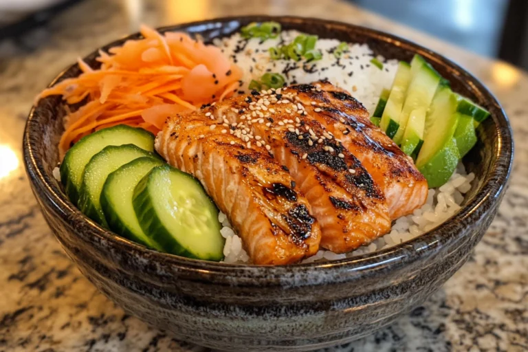 A vibrant salmon bowl with grilled salmon, fresh vegetables, and rice