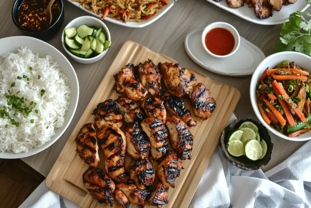 Dinner table with grilled Asian chicken, rice, and vegetables.