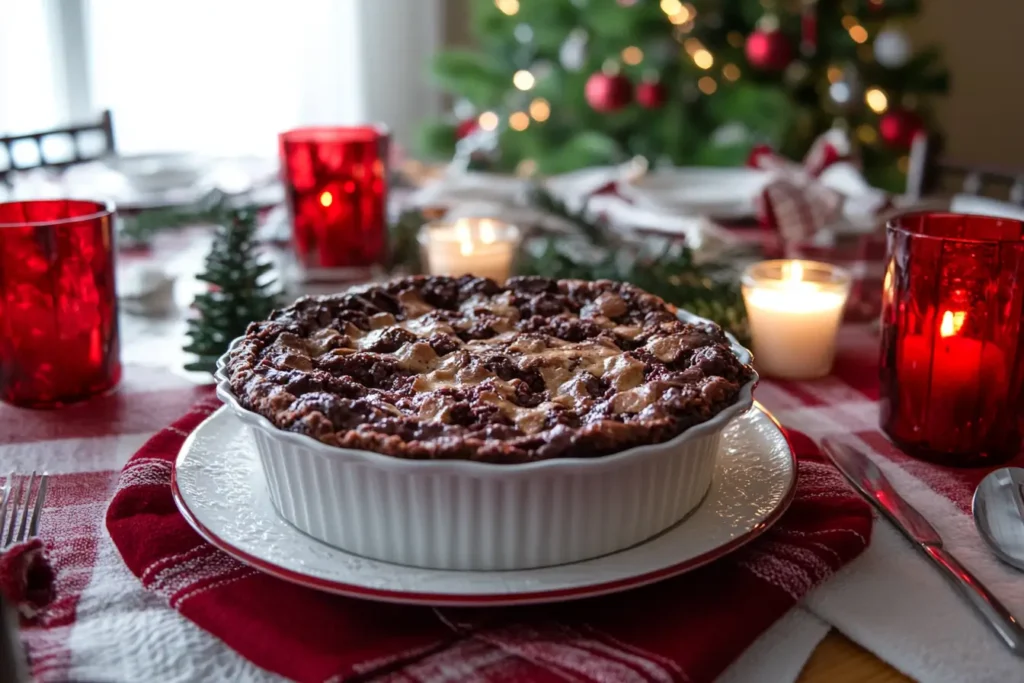 Festive table with chocolate cobbler as centerpiece.