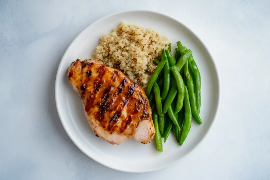 Are turkey chops healthy? here is a Turkey chop with quinoa and steamed green beans on a white plate.