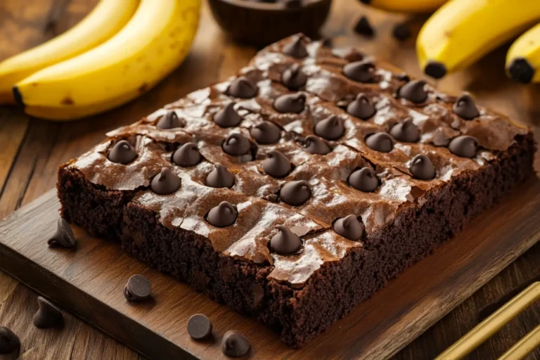 A tray of banana brownies with a crackly top and chocolate chips.