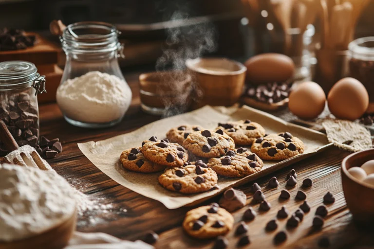 A freshly baked tray of golden chocolate chip cookies, with steam rising, resting on a rustic wooden kitchen counter