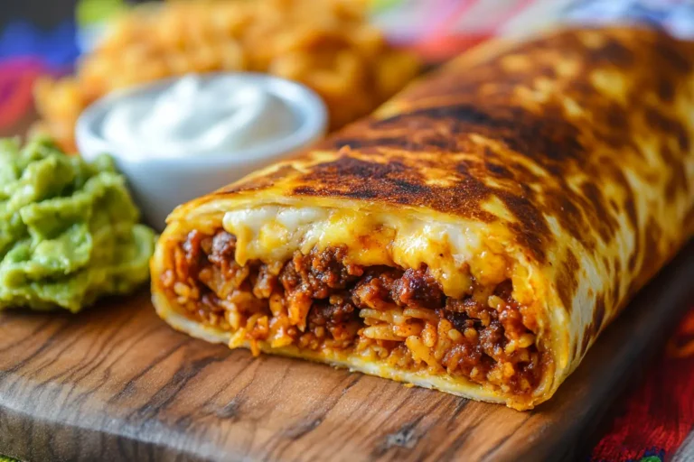 Freshly grilled cheese burrito cut open to show its fillings.