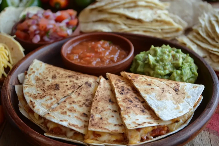Crispy air fryer quesadilla served with salsa and guacamole.