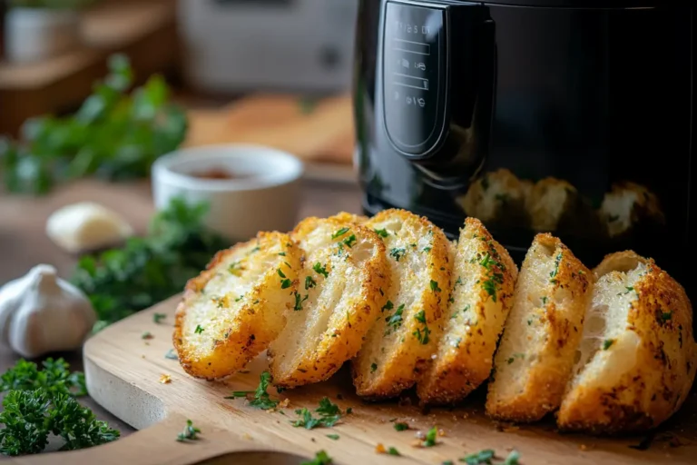 Golden crispy garlic bread slices with an air fryer.