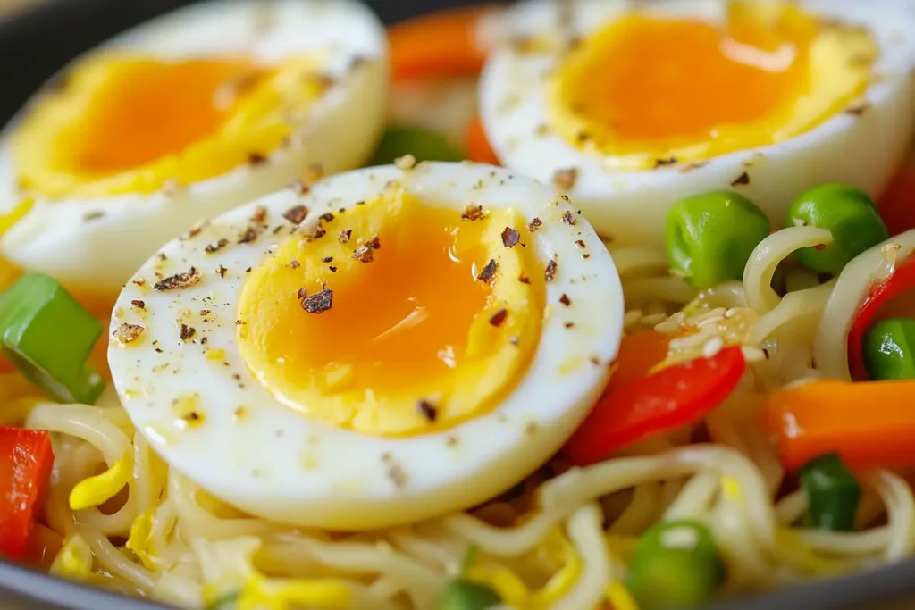 Soft-boiled air fryer eggs on a bowl of ramen.