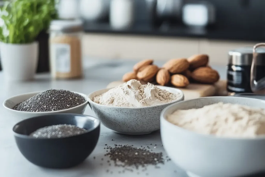 Ingredients for making high-protein desserts on a kitchen countertop.