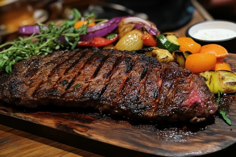 "Perfectly cooked skirt steak with grill marks, thinly sliced on a wooden cutting board, garnished with fresh herbs and lime wedges, accompanied by chimichurri sauce and roasted vegetables."