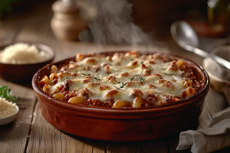 Golden baked beefaroni with melted cheese in a casserole dish.