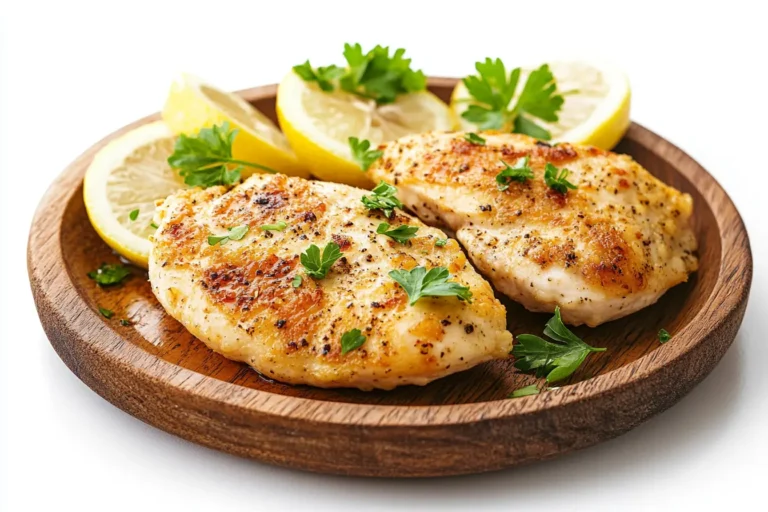 Golden and crispy baked chicken cutlet garnished with parsley and lemon slices.